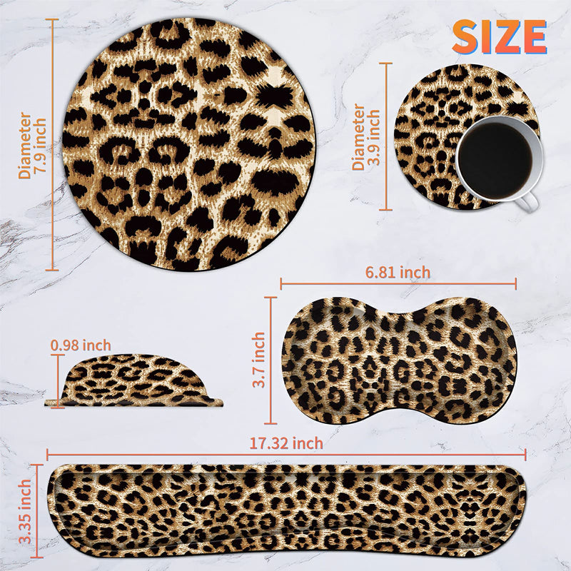 Keyboard Wrist Rest Pad + Mouse Wrist Rest + Gaming Mouse Pad + Coasters Ergonomic Memory Foam Wrist Pad Set with Easy Typing & Pain Relief for Computer, Laptop, Office & Home - Leopard Grain
