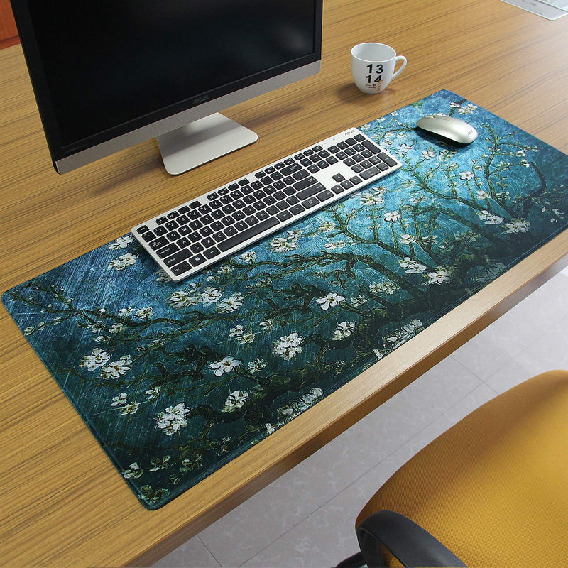Meffort Inc Extra Large Extended Gaming Desk Mat Non-Slip Rubber Pads Stitched Edges Mouse Pad 35.4 x 15.7 inch - Vincent Van Gogh Almond Blossom