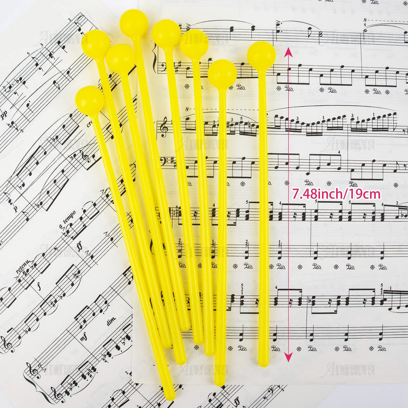 AUEAR, 10 Pack Plastic Bell Mallets Solid Drum Percussion Sticks Hammer for Drum Chime Xylophone 7.48 Inch Long Yellow