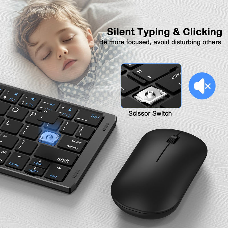 Foldable Keyboard and Mouse, EDJO Folding Wireless Keyboard Mouse Combo with Phone Holder, 2.4G Wireless and Bluetooth, USB-C Rechargeable Portable Keyboard Mouse for iOS Android Windows Mac OS