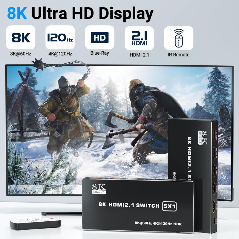 HDMI 2.1 Switch 5x1, 8K HDMI Switch 5 in 1 Out, Support 8K/60Hz 4K/120Hz HDCP 2.3 HDR10, 5-Port HDMI Switcher Selector Box Compatible with PS3/4/5, Fire Stick, DVD, Xbox Switch and Other HDMI Devices 8k 5 in 1 out