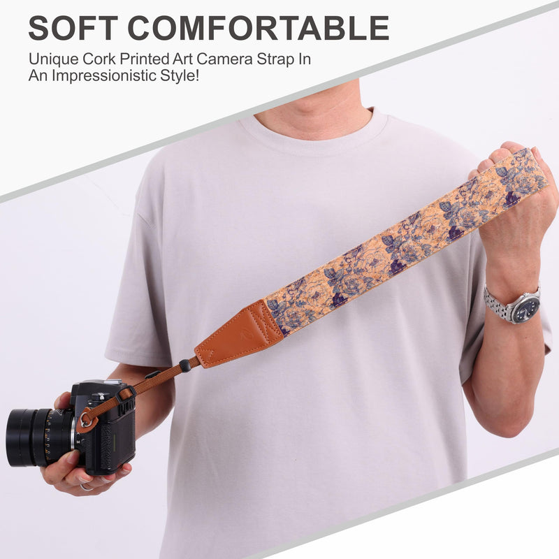 Padwa Lifestyle Cork Camera Strap - 2" Top Layer Cowhide Head Camera Straps for Photographers,Natural Log Crackle Art Print Style,Soft Chamois Velvet Padded Strap Quick Release fits All Cameras Blue Print Cork 2 inch Wide / Adjustable 41~56 inch