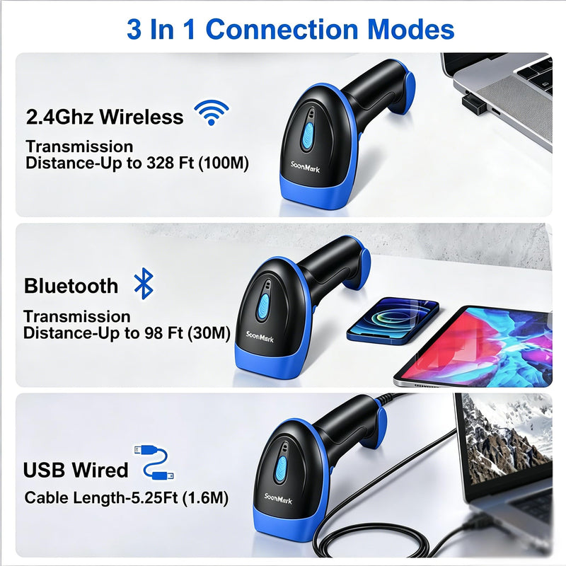 [AUSTRALIA] - 2D Bluetooth Wireless Scanner, QR 1D Bar Code Scanners Handheld Barcode Reader with Updated 640 X 480 Pixel CMOS, Plug & Play USB Barcode Scanner for iPhone, Android, iPad, Tablet, PC Computers 1D 2D USB Wired +2.4 G Wireless +Bluetooth (3 in 1 ) 