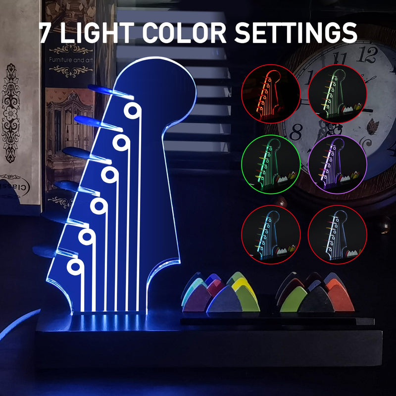 Light Up Guitar Pick Holder—Electric Guitar Headstock Design with 7-Color Changing Lights,Gifts for Music Lovers,Guitar Pick Display and Storage With Wooden Base&Phone Stand,Guitar Accessories.