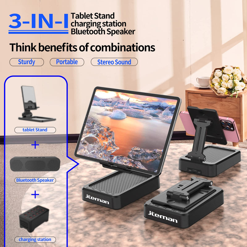 [AUSTRALIA] - JTEMAN Tablet Stand Adjustable with Bluetooth Speakers,Kitchen Gadgets,Gifts for Women Men,Wireless Bluetooth Speaker Tablet Holder,Desk Mic Charging Sation Compatible with Phones and Tablet Silver Black 