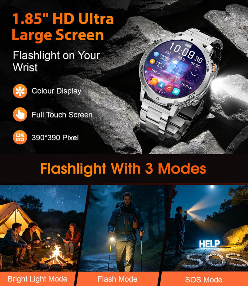 LIGE Military Smart Watch for Men, 1400mAh 60-Days Battery, 1.85" HD Smartwatch with LED Flashlight, 100+ Sports Mode, IP68 Waterproof, Pedometer, Fitness Watch for Android iOS (Sliver) Sliver