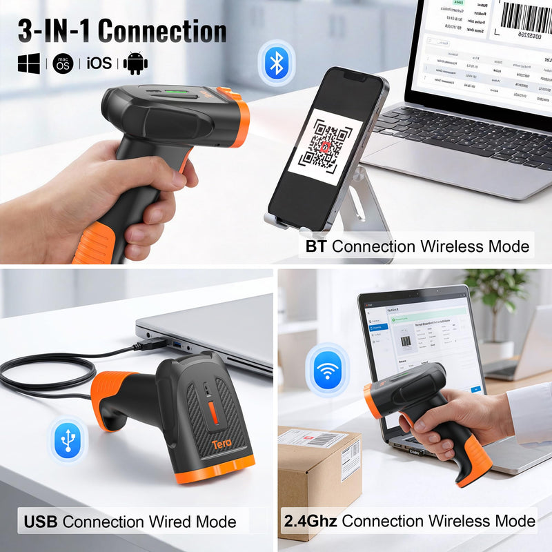 [AUSTRALIA] - Tera Barcode Scanner Wireless Handheld: with 2200mAh Lithium-Polymer Battery Works with Bluetooth 2.4G Cordless USB Wired 1D 2D QR Bar Code Reader for Retail Inventory Management Model D5300 Orange 