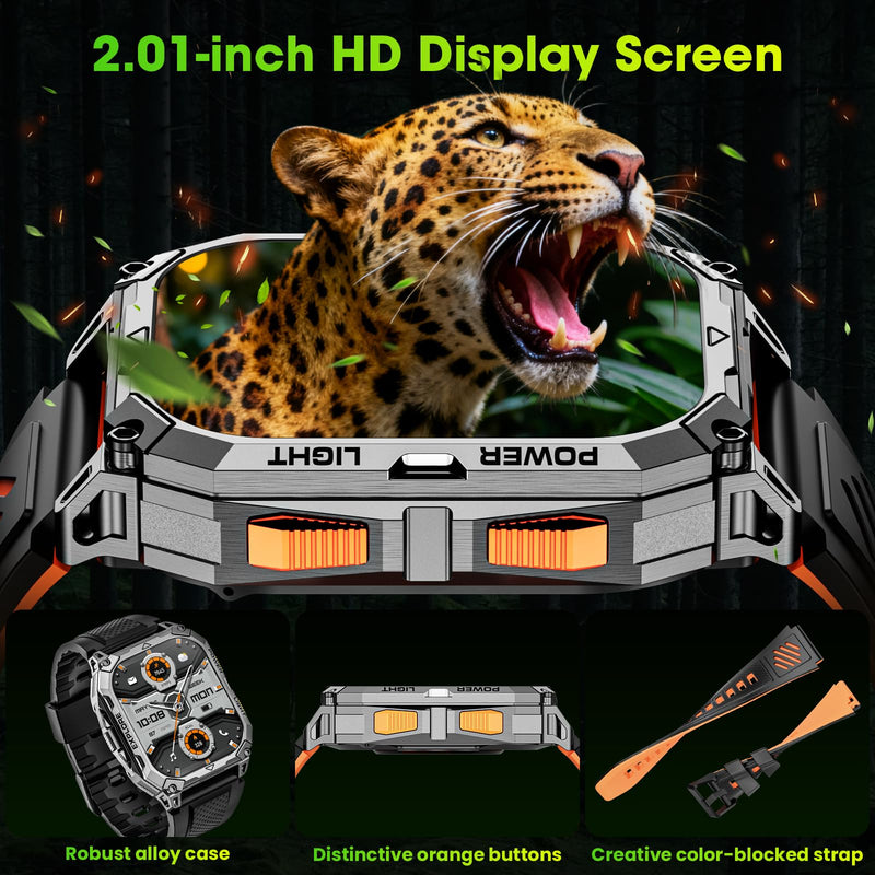 Smart Watches for Men, 2.01" HD Military Smart Watch with 1000mAh High-Capacity Battery/Led Flashlight/Answer/Make Call/Heart Rate/Sleep Monitor/Step Tracker, Fitness Tracker for Android/iPhone Orange