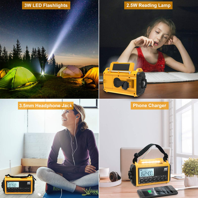 Emergency Radio Raynic 5000 Weather Radio Solar Hand Crank AM/FM/SW/NOAA Weather Alert Portable Radio with Cellphone Charger, Headphone Jack, Flashlight, Reading Lamp and SOS Alarm (Yellow) Yellow-LCD Display