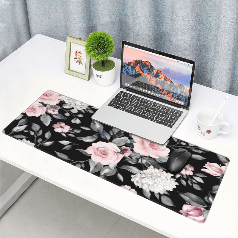 Floral Extended Gaming Mouse Pad Non-Slip Rubber Base Black Large Mousepad 31.5x11.8in with Stitched Edge Waterproof Pink Peony Flowers Pads Computer Black Desk Laptop Mats for Work/Game/Office/Home Flower