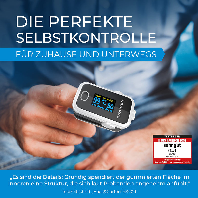 GRUNDIG Pulse Oximeter Oxygen Saturation Oximeter Test Winner - High Precision Finger Oximeter Meter for Accurate Measurement of Oxygen Saturation in the Blood - Finger Measuring Device Pulse Monitor White