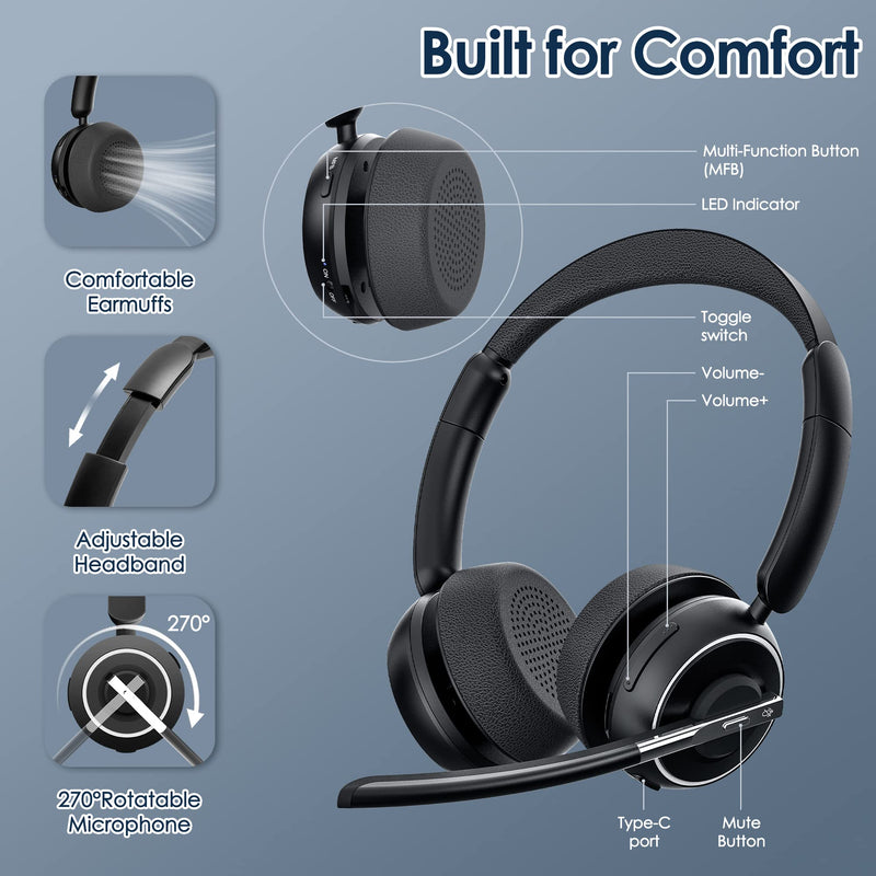 PrancyBt Upgraded Wireless Headset with Mic for Work, Bluetooth Headset with Noise Canceling Microphone with Dongle, Charging Base & Mic Mute, Wireless Headphones for Work from Home/PC/Computer