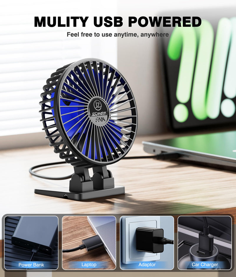 JZCreater USB Desk Fan, Mini Fan Portable, 3 Speeds Desktop Table Cooling Fan, Plug in Power Fan, Rotation Strong Wind, Quiet Personal Small Fan for Home Desktop Office Travel Bedroom, Black (2Pack) Black 2Pack