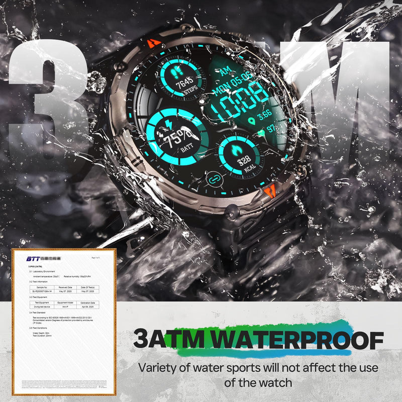 Military Smart Watch for Men, GPS Watch with Flashlight 3ATM Waterproof | Rugged Tactical Smartwatch with Bluetooth Calling Compass 1.45'' HD Sports Watch Fitness Watch Compatible with iPhone Samsung BK