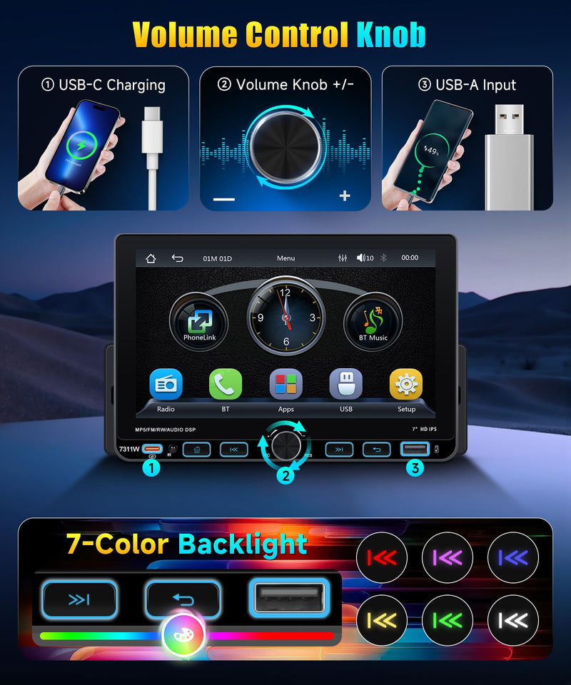 Single DIN Car Stereo with Wireless CarPlay & Android Auto, 7-Inch Touchscreen Car Radio with AM/FM/RDS, Bluetooth 5.0, SWC, Backup Camera, USB-C, Mirror Link