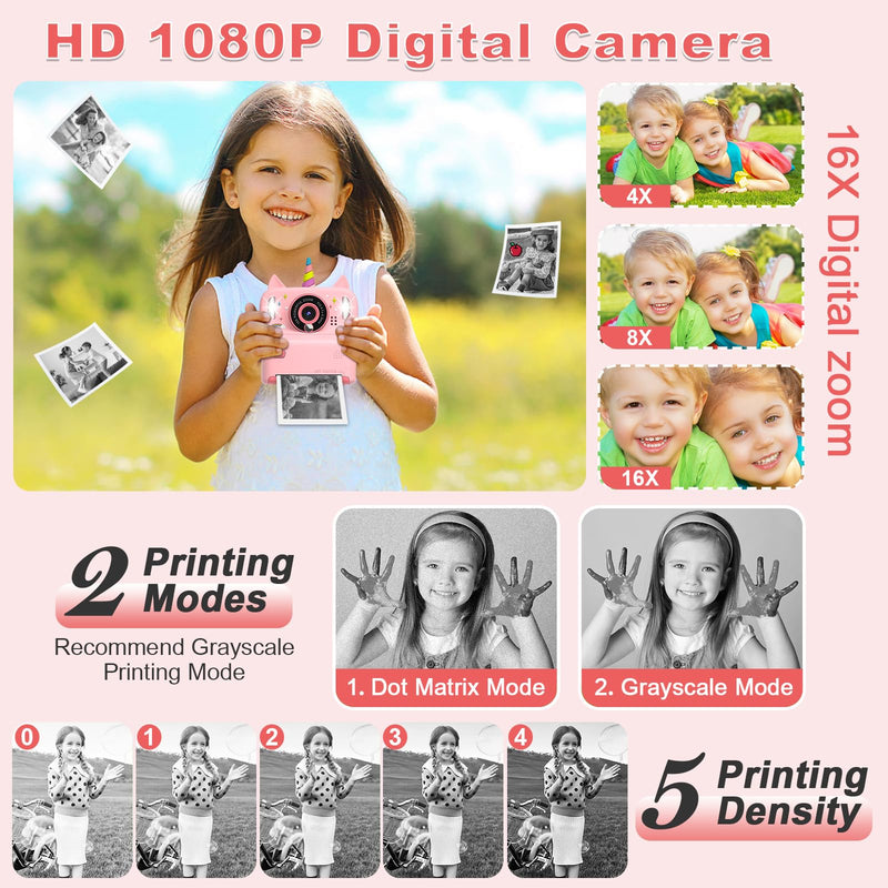 Instant Print Camera for Kids - Christmas Birthday Gift Toy for Girl Boy Age 3-9, Children Selfie Digital Cameras with Cartoon Soft Silicone Cover, Print Black White Photo with 32GB Card (Pink) Pink