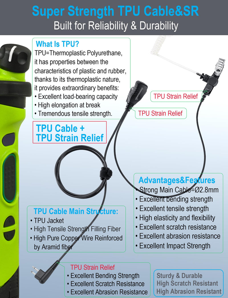 commountain earpiece for Motorola Walkie Talkie and Radio with PTT/Mic, Compatible for CP200D CP100D R2 CP200 CP185 BPR40 CLS1410 CLS1110 RMU2040 RMU2080D, Acoustic Tube Surveillance Headset, 2 Pin For users less than 6 feet tall