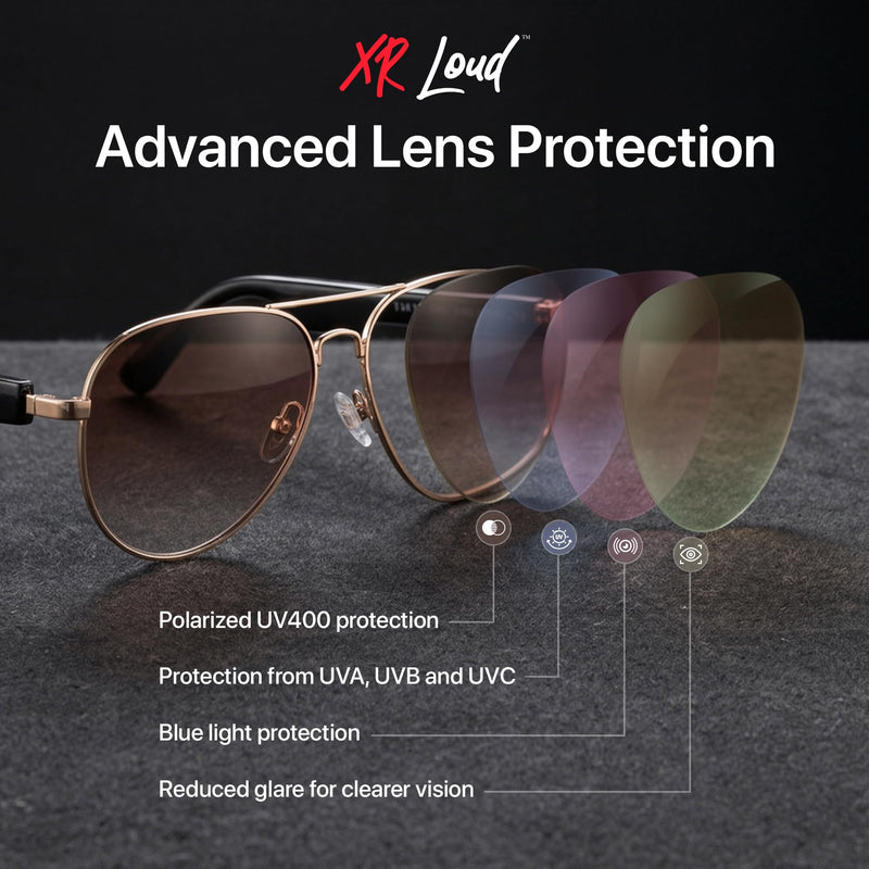 XR Loud™ Bluetooth Aviator Sunglasses for Men Women, Polarized UV400 Smart Audio Glasses with Open-Ear Speakers, Microphone, Touch Control, Voice Assistant, 120Hr SB, Privacy, AI Compatible Brown Brown Berry