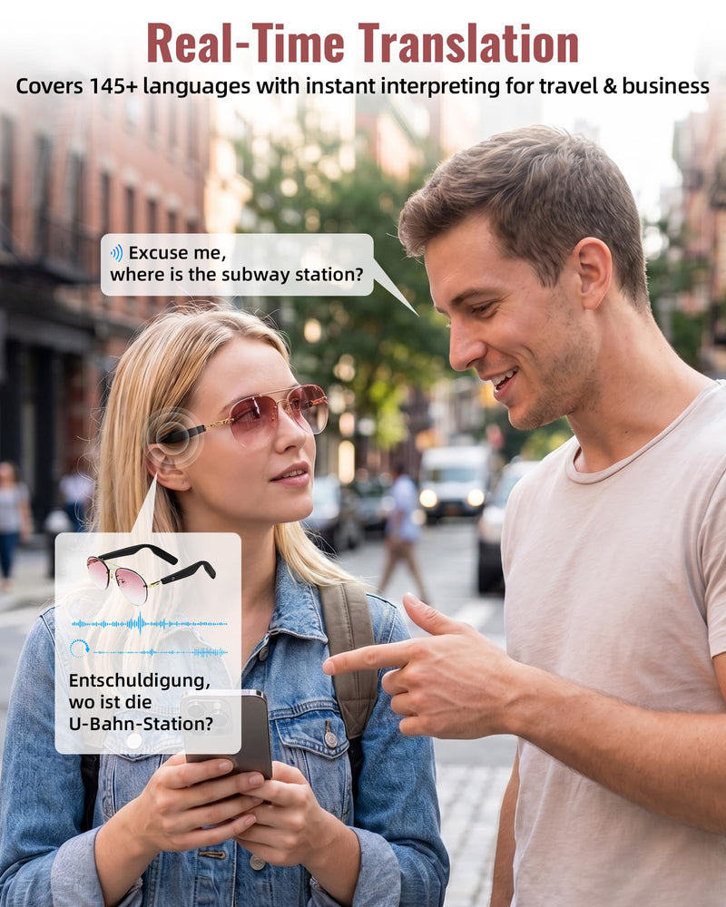 Smart Glasses, Bluetooth Open-Ear Music Calls, Polarized UV400 Sunglasses | Touch Control, Voice Assistant, 145 Languages Real-Time Translation, Sunglasses for Business Meetings, Travel & Daily Use