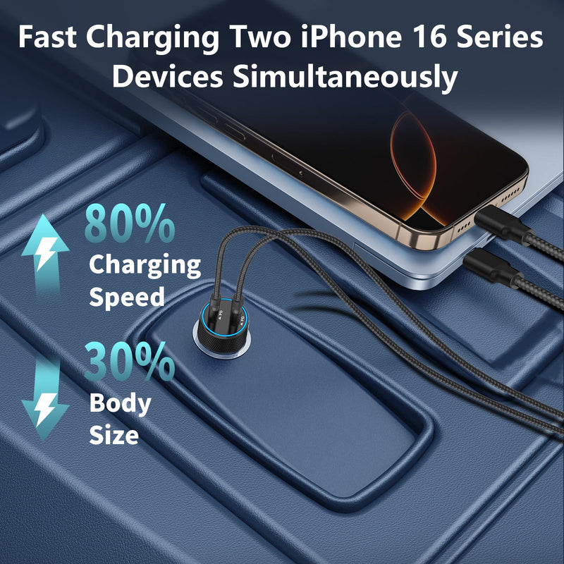 [Apple MFi Certified] iPhone Fast Car Charger, Linocell 90W Dual PD Car Power Cigarette Lighter USB-C Car Carplay Charger with 2Pack Type-C Braided Cable for iPhone 16/16 Pro/16 Pro Max/15/15 Pro/iPad Titanium Black Dual USB-C