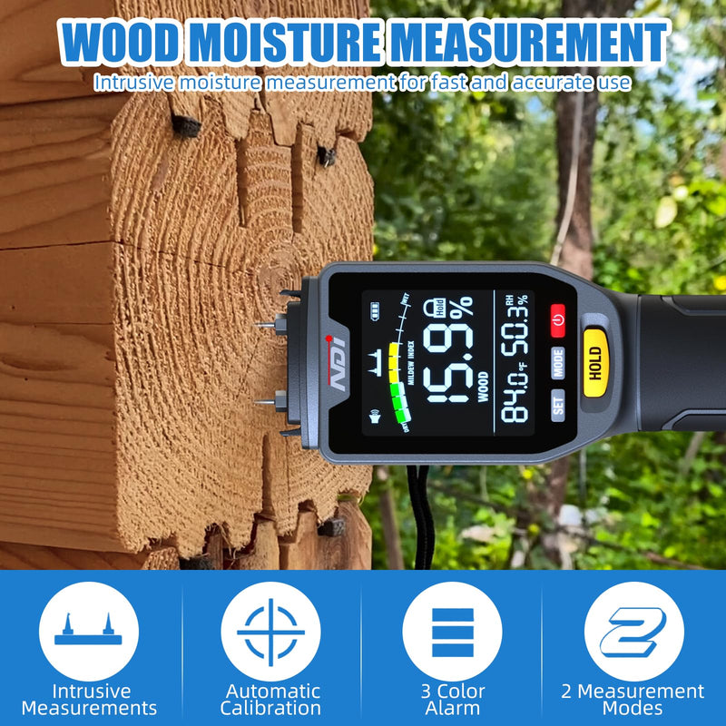NDI 4 in 1 Pin Moisture Tester, Digital Water Tester, Wood Moisture Meter, Backlit LCD Display Automatic Alarm, Low-battery Indicator, Calibration & HOLD Button for Wood Firewood Lumber Floors