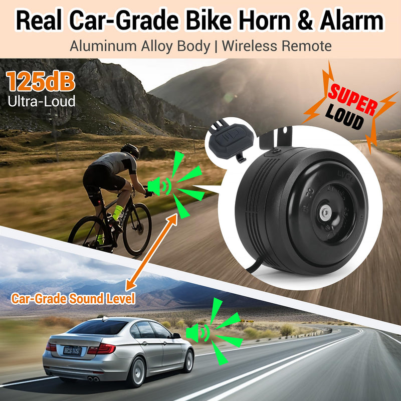 [AUSTRALIA] - Electric Bike Horn and Alarm System, 125dB, USB-Rechargeable, Waterproof, Remote Control 