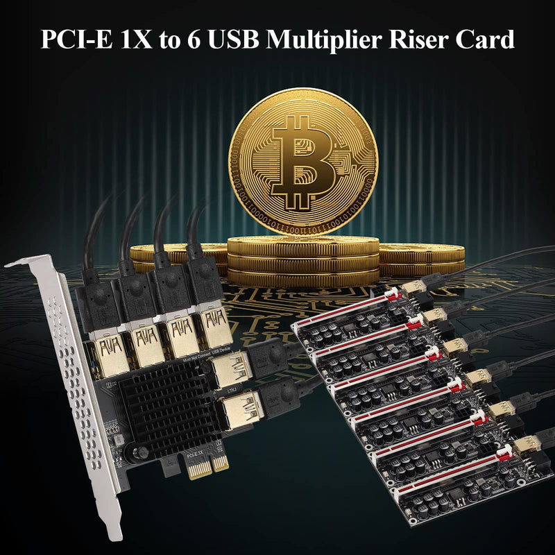 MZHOU PCI-E 1 to 6 USB Slots Riser Card - Higher Stability USB 3.0 Adapter Multiplier Card for Bitcoin Mining Compatible with Windows Linux Mac,Black PCIE 1X to 6USB-2