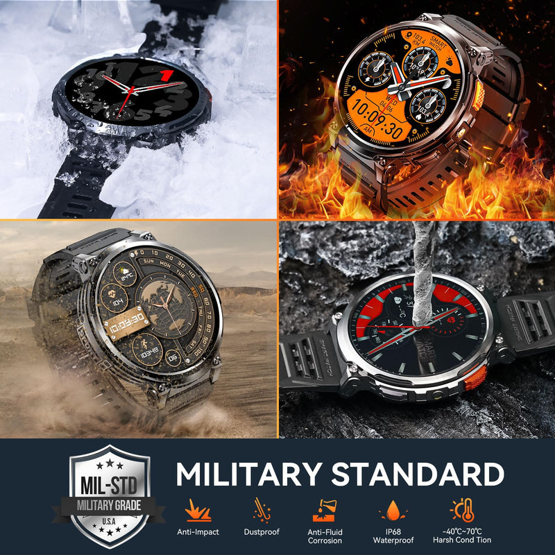 1.85” Big Screen Military Smart Watch for Men with LED Flashlight 2 Straps | Rugged Smart Watch, 730mAh Battery, 100+ Sports Modes, Fitness Watch, Heart Rate Monitor, Sleep Tracker Black Stainless Steel