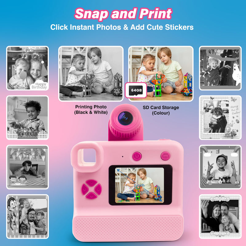 GabbaGoods Instant Print Kids Camera For 3 4 5 6 7 8 9 Year Old Kids With 32GB SD Card, Instant Thermal Print Feature Best For Gift On Christmas/Birthday/Holiday | Toddler Camera | Kids Digital Camera Pink