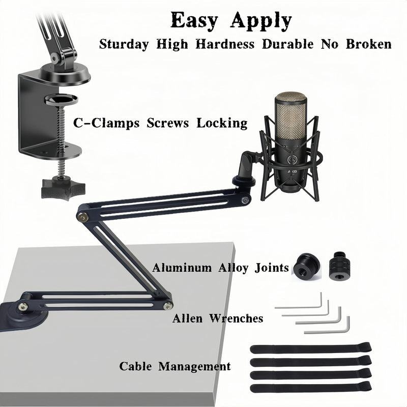 Low Profile Mic Boom Arm Stand 360° Rotatable Adjustable Compact and Foldable Table Microphone Arm Holds 2.5kg with 3/8" to 5/8" Screw Adapter for Game Streaming Podcast Broadcast (C Clamp Mount) C Clamp Mount