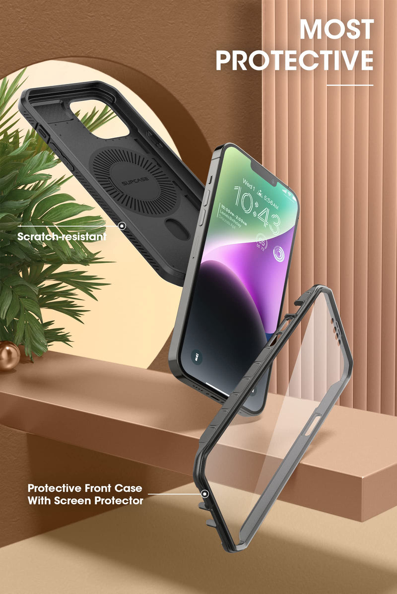 SUPCASE for iPhone 14 Plus Case with Screen Protector, Black | Military-Grade Protection, Compatible with MagSafe, Belt-Clip, Heavy Duty Shockproof, Unicorn Beetle Pro Mag