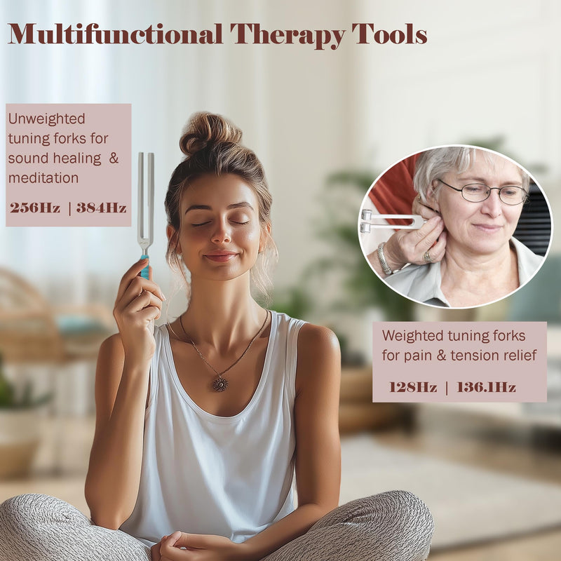 [AUSTRALIA] - Tuning Forks for Healing Set (128Hz, 136.1Hz, 256Hz, 384Hz) with Activator & Reflex Hammer, Sound Therapy Instruments for Chakra/Yoga/Meditation, Frequency Healing Devices in Vegan Leather Pouch Silver 