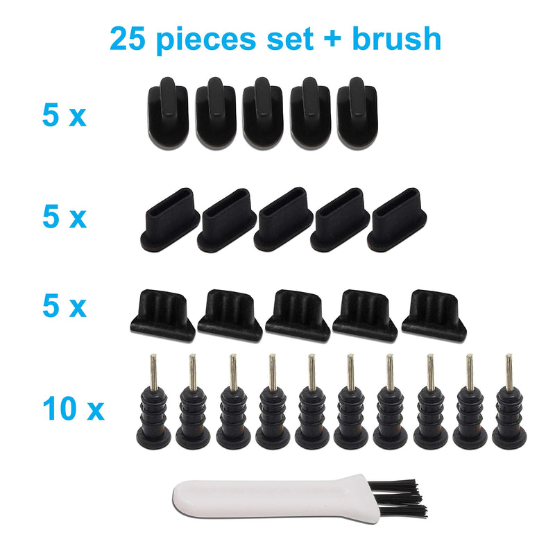 Universal 25pc Charging Port Cover Set, Compatible with iPhone, USB-C, Android, Micro USB, Tablets - Includes Headset Plugs, SIM Tool & Cleaning Brush (Black) Black 25 piece