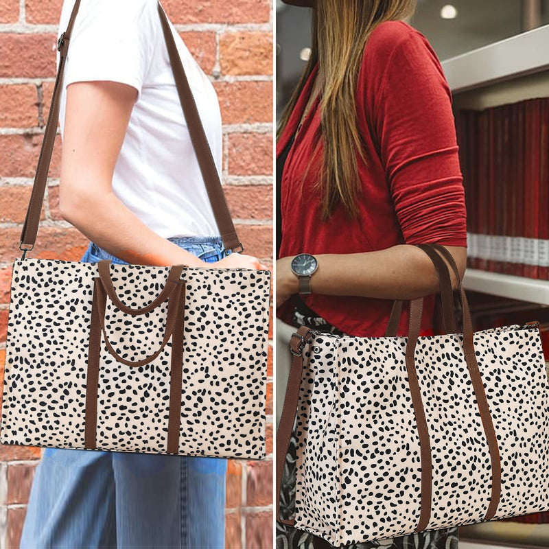 Laptop Tote Bag for Women Work 15.6 inch Canvas Shoulder Bags Computer Messenger Purse Teacher Handbag Office Briefcase Leopard - Apricot