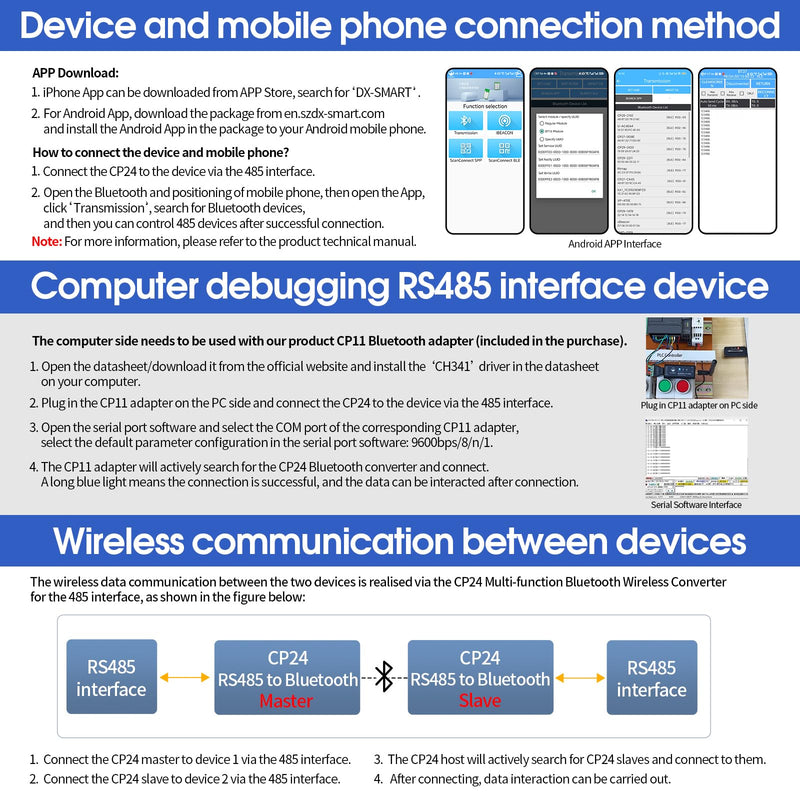 DX-CP24 Bluetooth to RS485 Serial Adapter Industrial Wireless Bluetooth Communication Module to RS485 Converter, Change 485 Wired Device to Wireless (CP24 for Device) CP24 For device