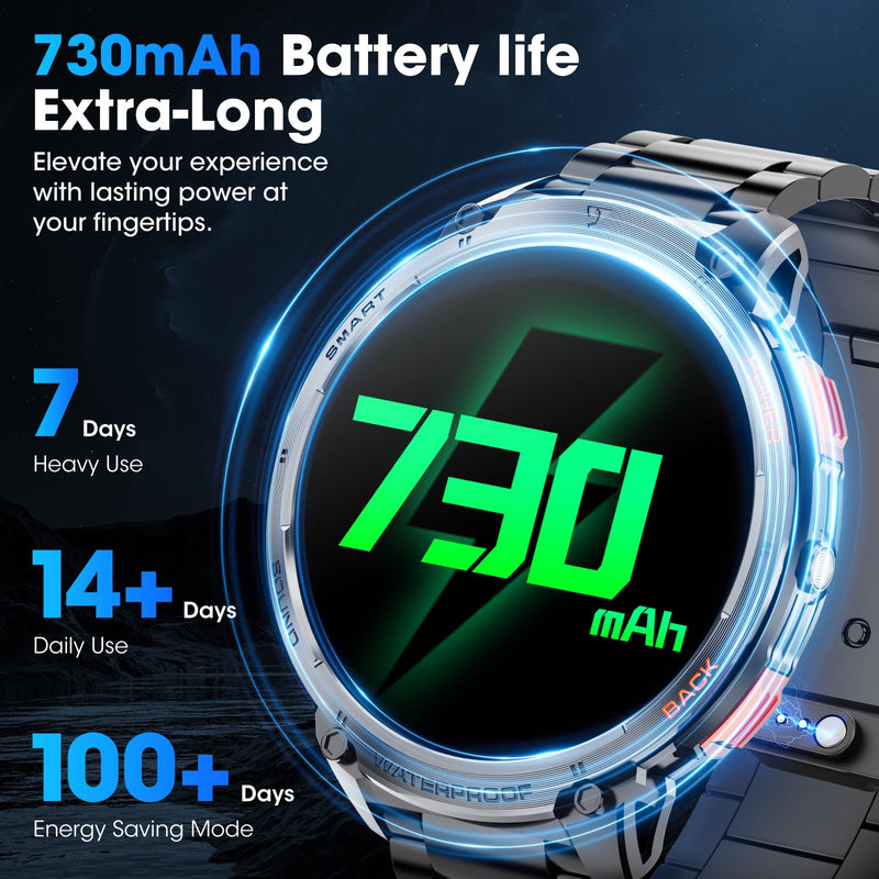 Military Smart Watch for Men 1.85" HD Touch Screen 730mAh Battery Smart Watches with LED Flashlight for Android iOS （Bluetooth Call Answer/Dial Calls） Fitness Tracker with Heart Rate Blood Obsidian Black