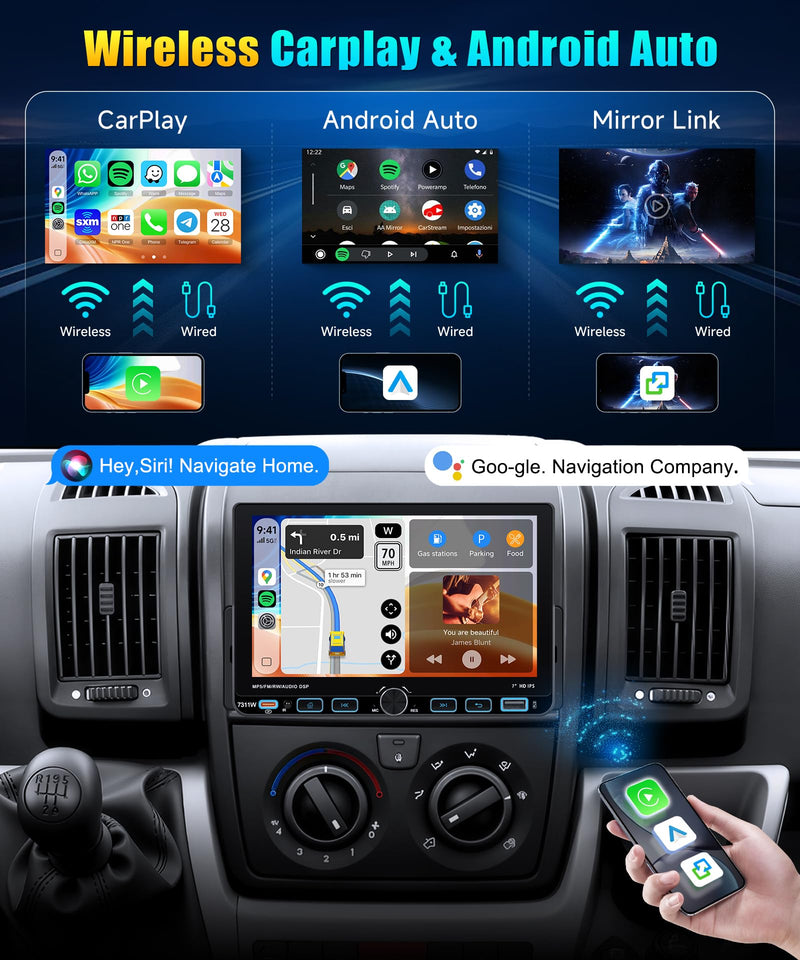 Single DIN Car Stereo with Wireless CarPlay & Android Auto, 7-Inch Touchscreen Car Radio with AM/FM/RDS, Bluetooth 5.0, SWC, Backup Camera, USB-C, Mirror Link