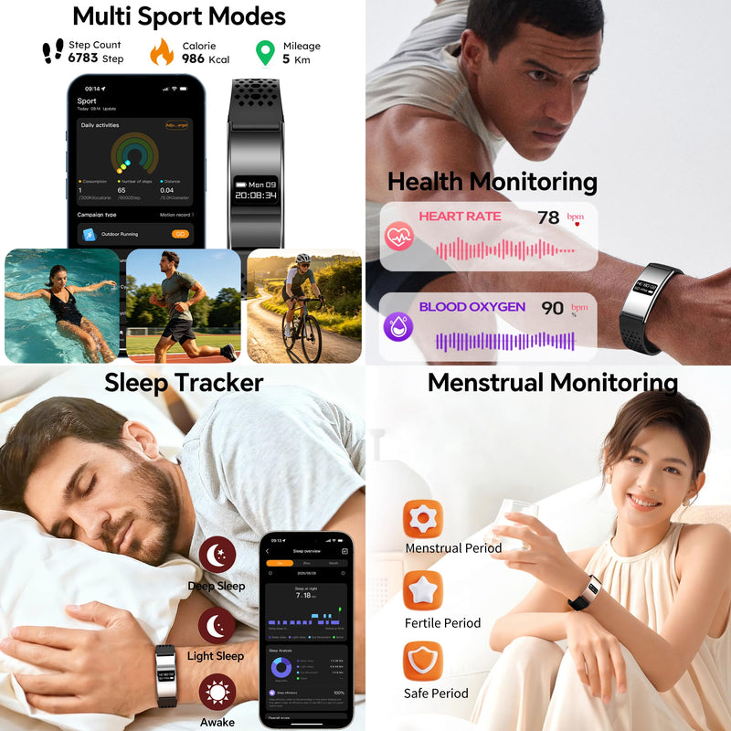 Smart Bracelet Ultra Thin Fitness Tracker for Women Men Slim Health Band Sleep Heart Rate Monitor Pedometer Step Counter Lightweight Ladies Wearable Activity Tracker, Silicone & Nylon Strap Black