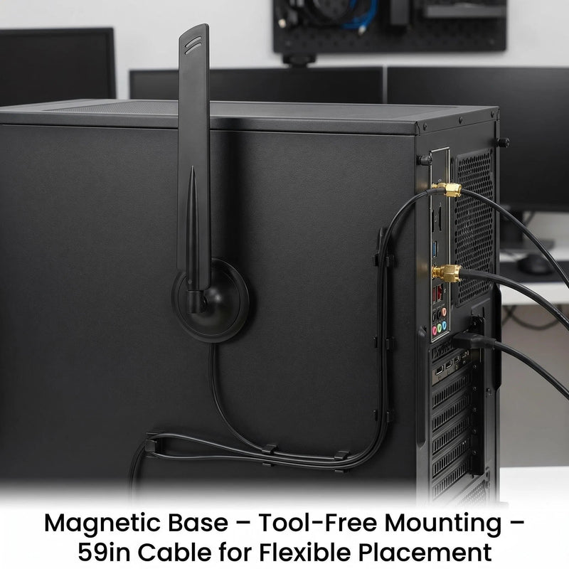 2-Pack 10dBi WiFi 6E Tri-Band Antenna RP-SMA – 6GHz/5GHz/2.4GHz High Gain Omni-Directional with Magnetic Base & 59in Extension Cable for PC, PCIe WiFi 6E Card, Router, Bluetooth RP-SMA Male（Inner hole) Magnetic