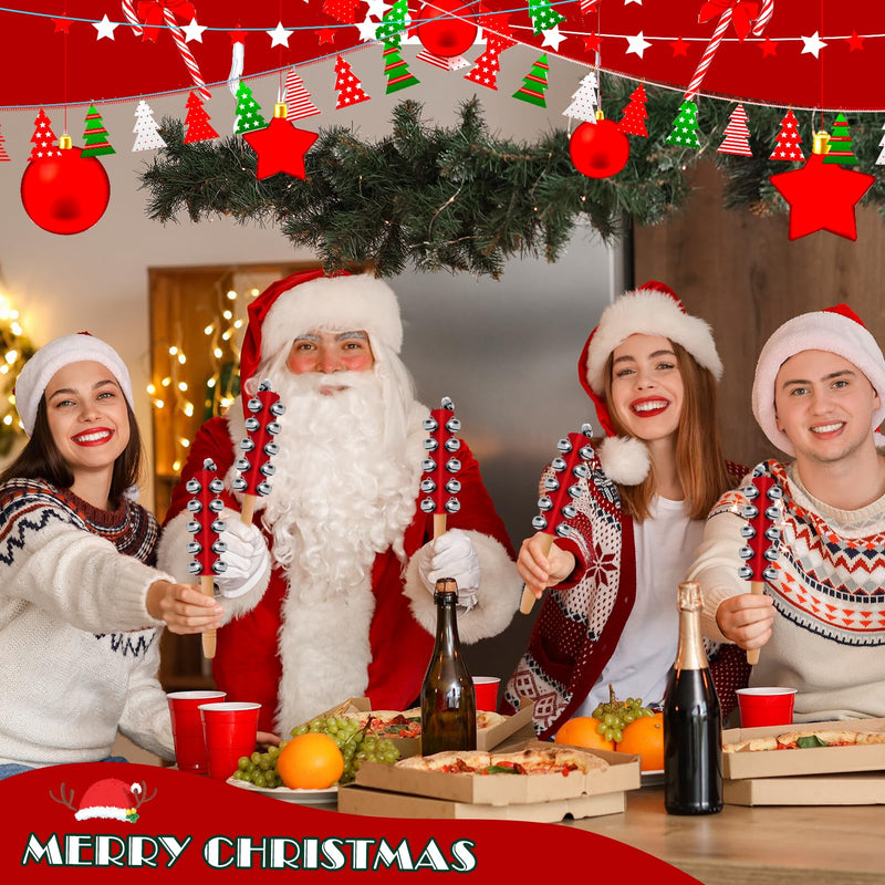 4 Pcs Christmas Sleigh Bells Wooden Handle Jingle Bells Instrument Musical Hand Bell Shaker Rattle Musical Percussion Instrument for Xmas Holiday Party (Red) Red