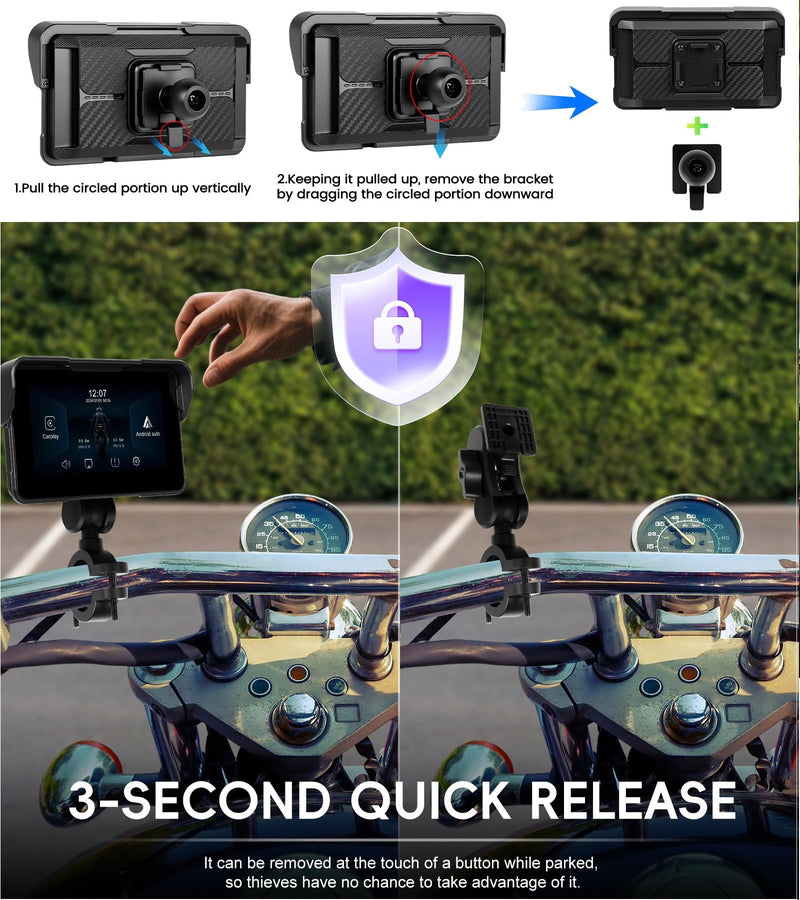 CAMECHO Removable Motorcycle CarPlay & Android Auto Screen, Wireless Apple Car Play Portable Car Stereo for Moto Motorbike, 5" Waterproof Touch Screen, Pantalla para Carros con Bluetooth, Mirror Link