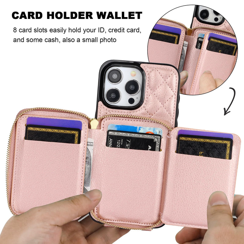 Bocasal Crossbody Wallet Case for iPhone 15 Pro Max, RFID Blocking PU Leather Zipper Handbag Purse Flip Cover, Kickstand Folio Case with Card Slots Holder Wrist Strap Lanyard 5G 6.7 Inch (Rose Gold) Rose Gold