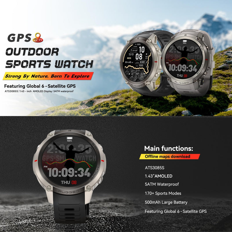 GPS Smart Watch for Men with Multi‑Constellation Positioning/Offline Maps,1.43'' Smartwatch with Bluetooth Call,Compass ,170+ sports modes, 5ATM Waterproof Fitness Tracker Watch for Android iOS Blue