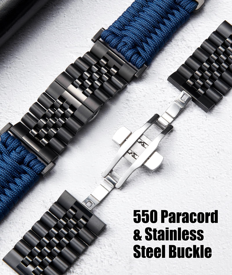 Compatible with Garmin Watch Band 22mm 26mm Braided Paracord Steel Sport Strap Fit for Quickfit Blue-Black