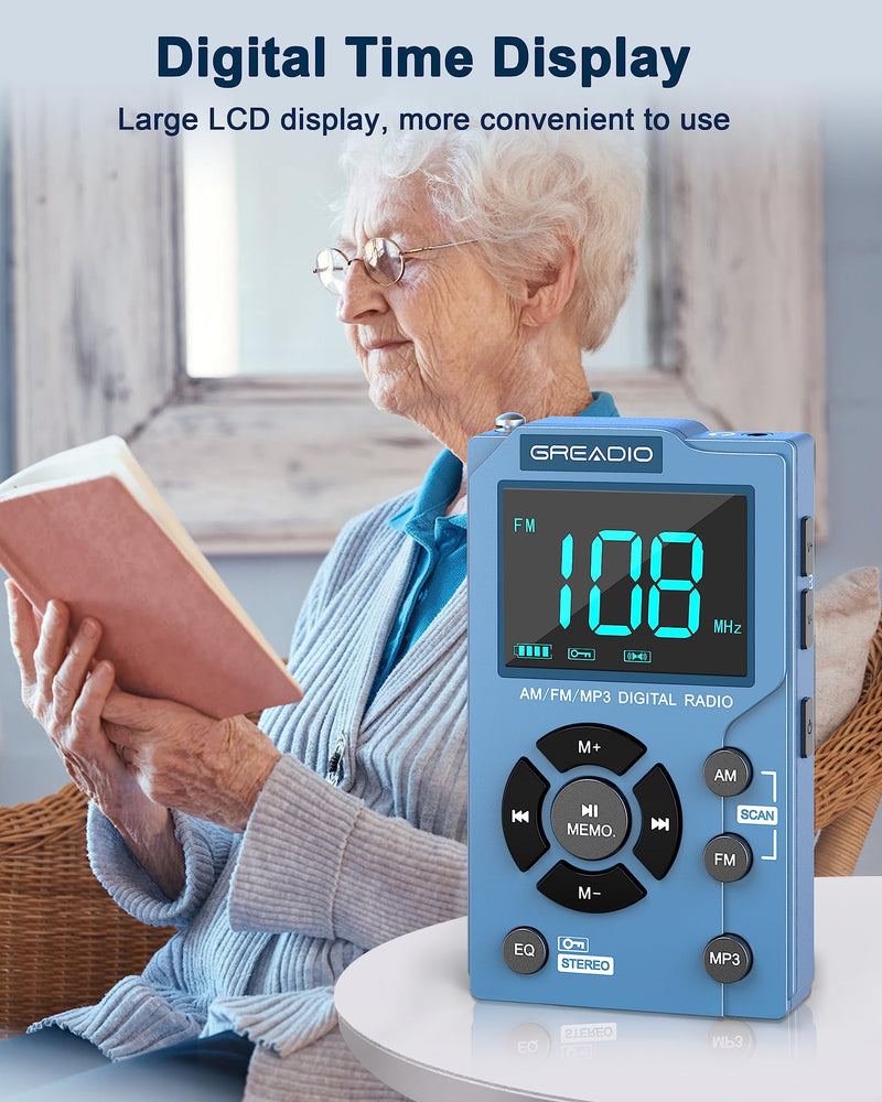 [AUSTRALIA] - Greadio Portable AM FM Radio with MP3 Player, Best Reception Pocket Radio, Large LCD Screen and Easy to Use, 6 EQ Stereo, Earphone Jack for Jogging, Walking, Camping Blue 
