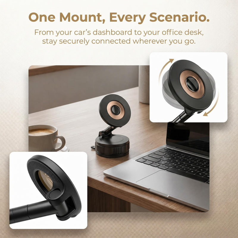 Vacuum Lock Magnetic Car Phone Holder, 5lbf Strong Suction, 360° Adjustable Triple-Axis Phone Stand, Reusable Washable PU Gel Base for iPhone 12-16 Series, Android Smartphones, Black