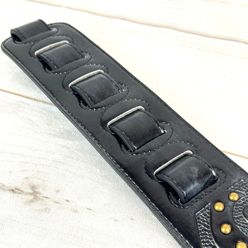 Walker & Williams GE-217 Midnight Blue Handmade Padded Leather Guitar Strap with Celtic Tooling and Brass Studs For Electric, Acoustic, And Bass Guitars