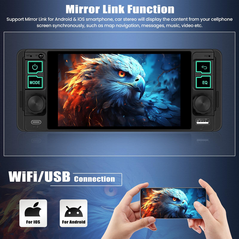 Single Din Car Radio with Wireless CarPlay & Android Auto,5.1 Inch HD IPS Touchscreen Single Din Stereo with Bluetooth Backup Camera,1 Din Car Radio Supports Bluetooth/SWC/FM Radio/USB/TF