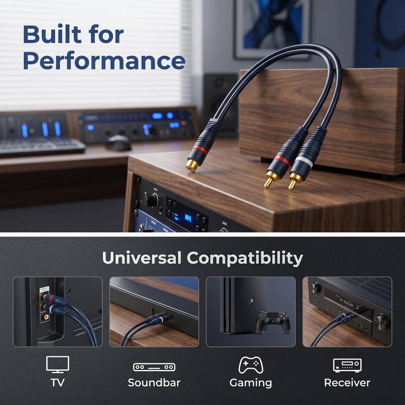 2 Pack RCA Y Splitter 1 Female to 2 Male Audio Cable, RCA Y Adapter Extension Cord for Subwoofer, Speaker & Home Theater, Car Audio