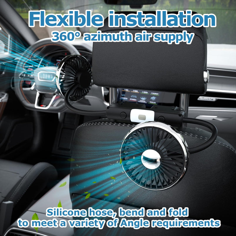 Dual-Head USB Car Fan for Backseat | LED Light